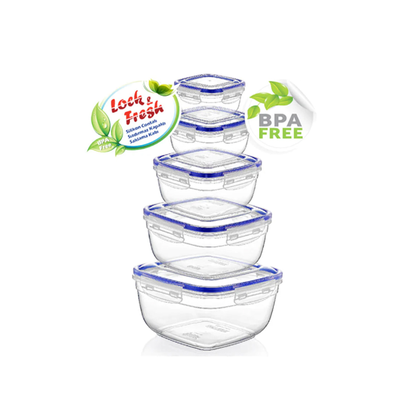 Pack of 5 Square Plastic Sealed Storage Containers {275,500,900,1500 and 2400ML}